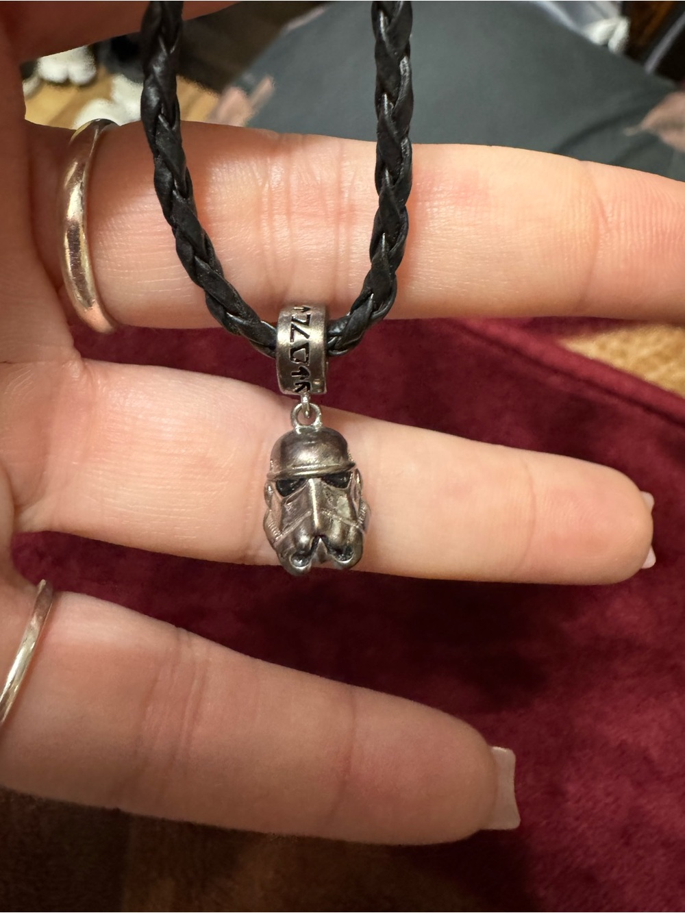 Star Wars Silver Stormtrooper Helmet Necklace with Black Braided Cord